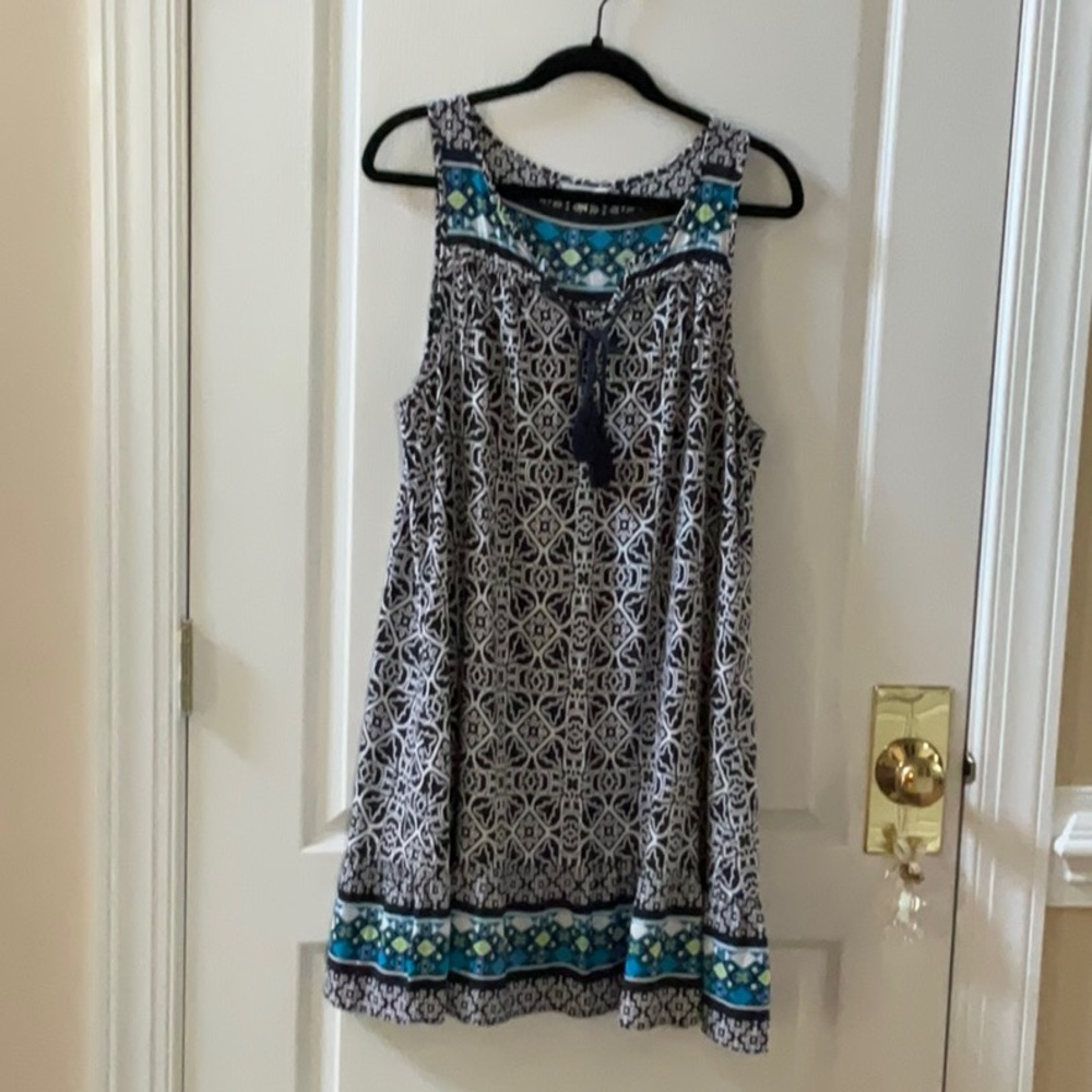 Blue and White Dress with Geometric Print